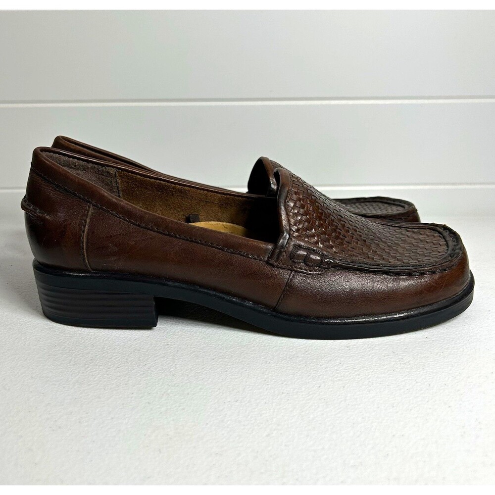 Earth Shoe Hope Women’s 8.5M Brown Woven Leather Slip On Loafer Square Toe